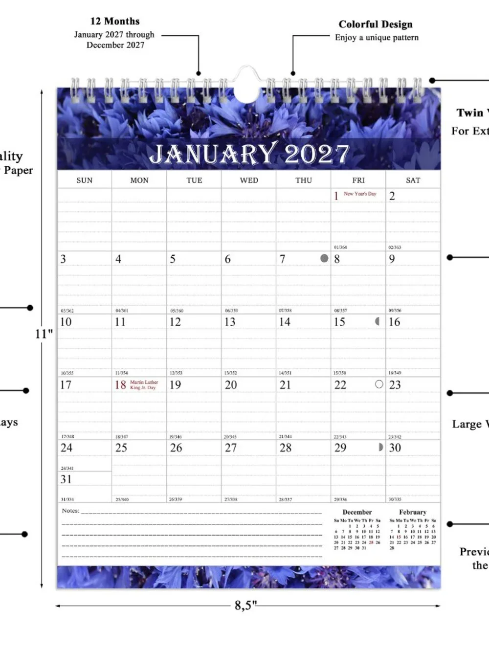2027 Wall Calendar Spiral-bound Twin-Wire Binding - 12 Months 8.5